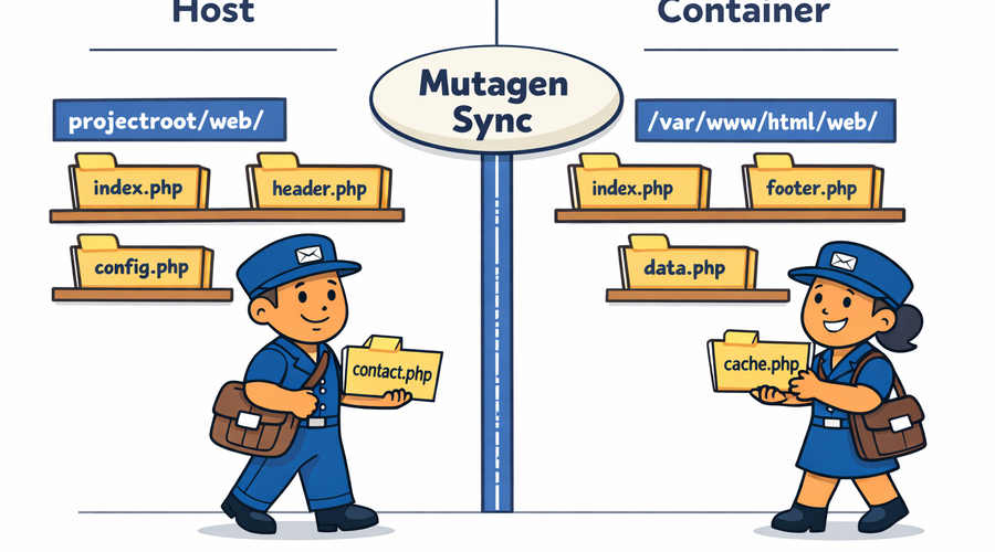 Friendly illustration of how Mutagen sync works between host and container filesystems